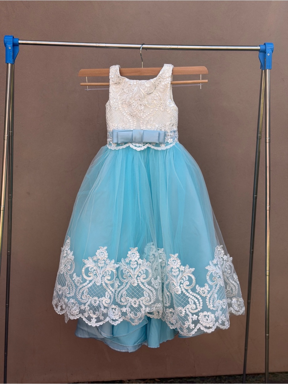 Light Blue Lace & Tulle Girl Dress with Bow